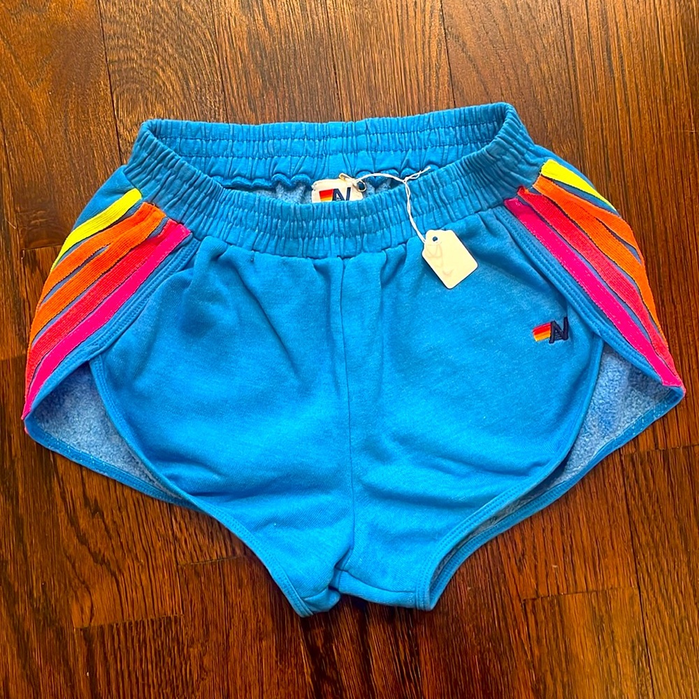 New with tags Aviator Nation 5 STRIPE SWEATSHORT IN OCEAN, NEON PINK, & YELLOW